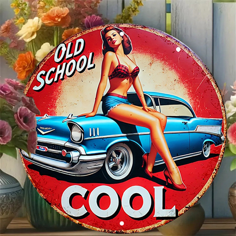 Embroidery Red - Targa rotonda in alluminio vintage Pin-Up